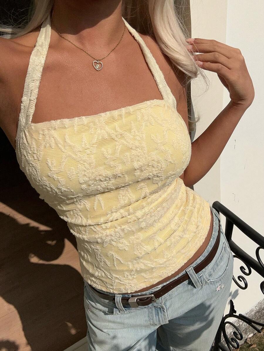 CovetEZ Women's Casual 2026 New Arrival: Sweet And Alluring Summer Style, Light Yellow Lace-Trimmed Backless Halter Neck Sleeveless Top With Tie-Waist Design. Fashionable And Versatile, Suitable For Dates And Parties. - Yellow - View 1