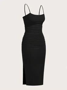 SHEIN EZwear Đầm hè dáng ôm màu đen xếp ly, thanh lịch, dây mảnh dành cho nữ, cỡ lớn. - màu đen - Xem 8