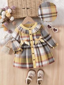 SHEIN Elladie kids Bộ váy và mũ màu hồng phối họa tiết kẻ caro, xếp bèo và nơ cho bé gái dịp Giáng sinh. - Nhiều màu - Xem 4