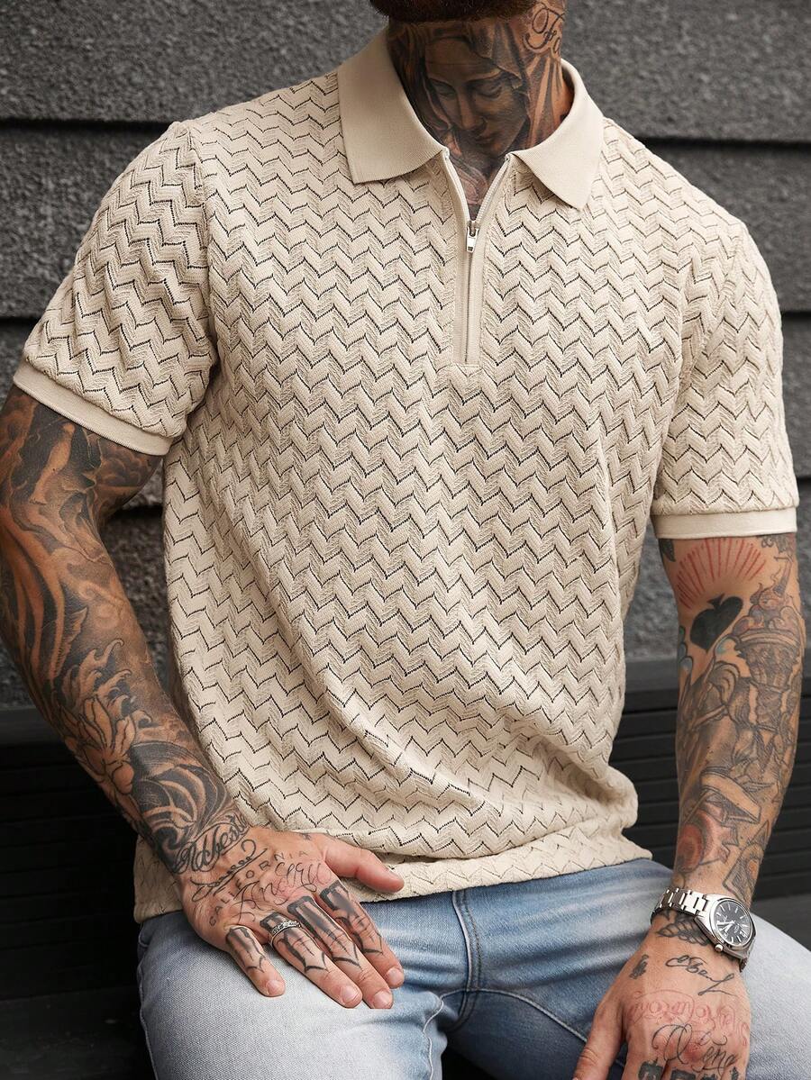 Manfinity CasualCool Men's Short Sleeve Textured Fabric Zip Collar Polo Shirt, Suitable For Outings, Gatherings, And Vacations - Apricot - View 1