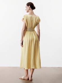 Aalyst Women's Linen Twill Round Neck Dropped Shoulder Pleated Waist A-Line Adjustable Hem Short Sleeve Midi Dress, Elegant French Retro Commuting Business Vacation Casual Street Style Minimalist Versatile, Spring/Summer New - Light Yellow - View 3