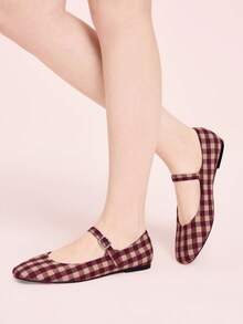 CUCCOO DOLLMOD Sepatu Flat Wanita Ujung Bulat Nyaman dengan Pita Merah Muda Modis dan Elegan, Sepatu Musim Semi, Liburan Musim Semi, Paskah, Hari Valentine - Grid ganda merah dan putih - View 3