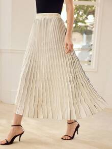 MOTF PREMIUM WOMEN'S PLEATED CONTRAST COLOR HIGH ELASTIC WAIST SKIRT - White - View 5