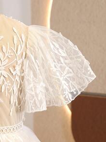 Tween Girl Floral Embroidered Mesh Ruffle Sleeve Dress - Apricot - View 5