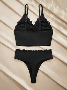 Charlaine 两件套法式优雅花卉蕾丝舒适内衣套装 - 黑色 - 查看 2