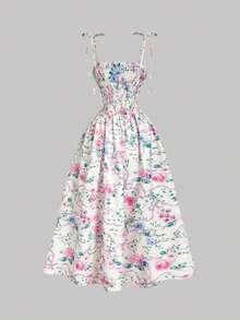 SHEIN MOD 复古印花系带蝴蝶结荷叶边喇叭连衣裙——完美适用于度假、浪漫场合、海滩、约会、野餐、派对、舞会、节日和生日；浪漫复古宫廷风格 - 彩色 - 查看 6