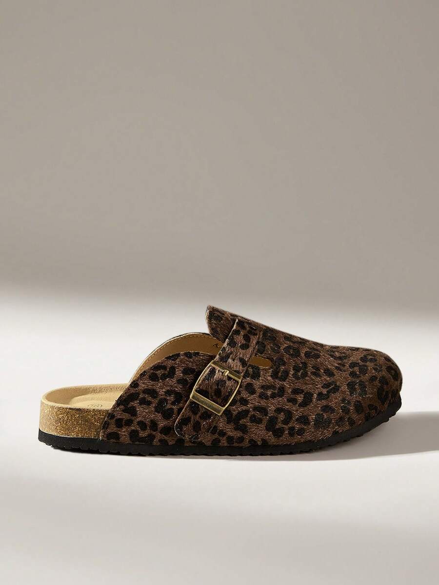 Solecia Dép lê đế xuồng mũi tròn in họa tiết da báo dành cho nữ, dép bít mũi da kiểu dáng thường ngày, thích hợp cho hoạt động ngoài trời dịp Giáng sinh. - Mẫu da báo - Xem 1