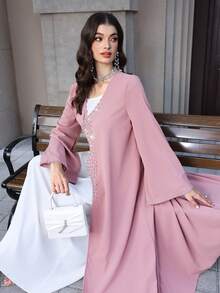 Yasmyna Women's Spring/Summer Long Sleeve Rhinestone Embellished Elegant Abaya Robe, Pink/Purple - Pink - View 7