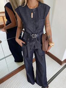 DAZY 春夏浪漫设计宽松休闲通勤优雅蓝色无袖上衣和阔腿牛仔裤女式两件套 - 藍色 - 查看 4