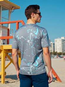 Manfinity Swimmode Men's Casual All-Over Print Round Neck Raglan Sleeve Rash Guard, Summer Men Summer Tshirts Men Graphic Tshirts Mens Graphic Tees - Grey - View 2