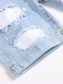 SHEIN Tween Boy Fashion Casual Y2k Vintage Cool Street Blue Denim Patchwork Design Cut Out Ripped Frayed Design Comfortable Soft Stretch Snug Fit Five-Point Denim Shorts For Kids Clothes Boys Soft Dailywear And Kids Summer And Spring Clothes - Blue - View 3