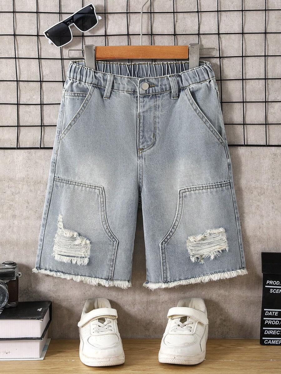 Tween Boy Pocket Button Distressed Frayed Design Casual Fashion Versatile Washed Denim Shorts - Light Wash - View 1