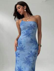 Aloruh Women's Floral Print Asymmetrical Shoulder Dress,Summer Dresses For Women - Blue - View 4