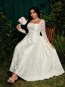 Roveilla 大码优雅蕾丝拼接3D立体压花方领长袖A字连衣裙，白色，适合招待会、正式晚宴等场合。 - 白色 - 查看 7