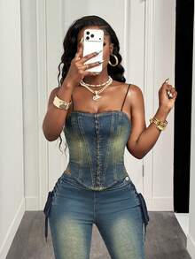 Slaydiva Women's Casual Fashionable Asymmetrical Hem Fitted Denim Camisole Top, Suitable For Summer - Medium Wash - View 5