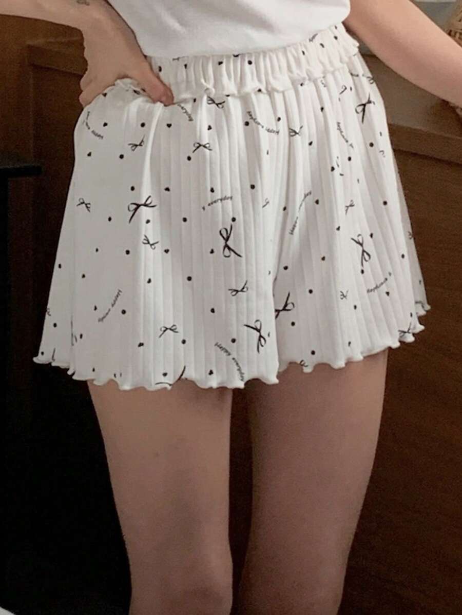 DAZY 字母蝴蝶结印花荷叶边腰部短裤 女士睡衣下装 - 白色 - 查看 1