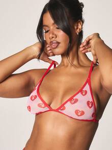 Missguided x Playboy Printed Mesh Heart Pattern Triangle Bra And Thong Lingerie Set With Contrast Trim For Valentine - Multicolor - View 4