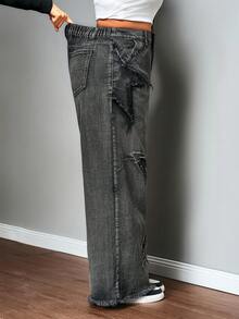 Truni Jeans de pierna ancha estilo boyfriend con parches de estrellas para mujer de talla grande, jeans de estilo militar para mujer de vuelta al colegio para el 4 de julio - Negro - Ver 6