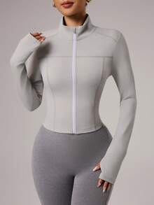 Dewbera Women's Stitch Detail Stand Collar Zip-Up Long Sleeve Shapewear Sports Jacket - Light Grey - View 3