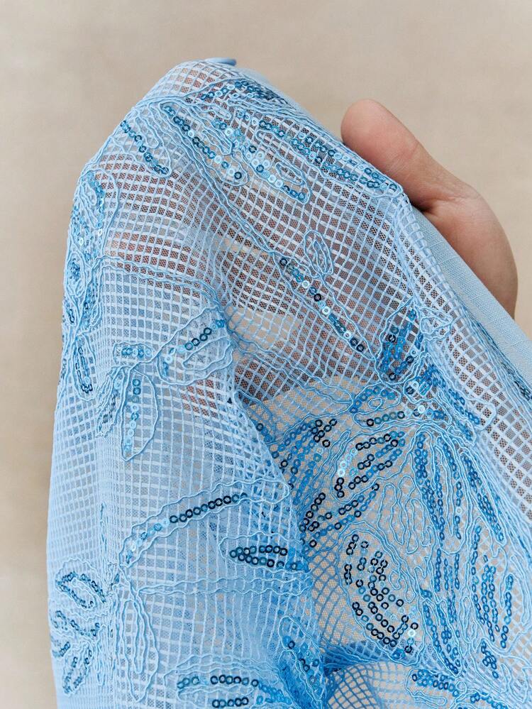 Anewsta Women's Elegant Shiny Embroidered Notch Neck Long Sleeve Blue Shiny Blouse, Going Out Top, Carnival Costumes, Valentine's Day