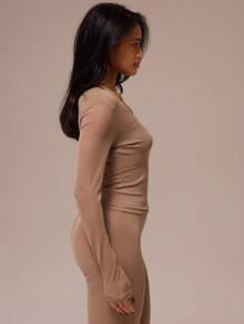 MUSERA ESSENTIALS Scoop Neck Loose Fit Sheer Mesh Longsleeve Top Winter Spring Night Out Sexy Cute Mesh Fitted Essential - Camel - View 3