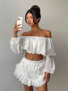 Cévolie Women's Elegant Mesh Embroidered Shoulder Top & Skirt 2 Pieces Set - White - View 3