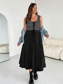 Shapeblank 大码女装春夏时尚休闲弹力舒适日常基础款条纹拼接背心中长连衣裙，具有显瘦效果，夏季穿搭，曲线连衣裙，黑白连衣裙，简约风格，职业装 - 黑與白 - 查看 4