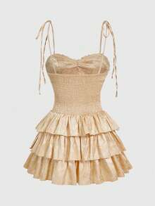 ROMWE EDITION Women's Vintage Palace-Style Multilayer Ruffle Textured Satin Fabric Dress, Suitable For Wedding Season - Apricot - View 2