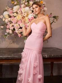 MOTF Soiréza 女士浪漫网纱花卉贴花正式连衣裙，春夏款 - 粉色 - 查看 8