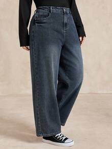 Dazy Plus Vintage Washed Loose Straight Leg Casual Long Jeans, Plus Size For Women, All Season - Dark Wash - View 6