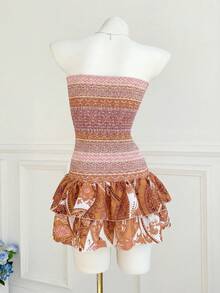 Elamini Đầm ngắn cúp ngực in hoa, xếp ly, kiểu dáng nghỉ mát dành cho nữ. - Nhiều màu - Xem 2