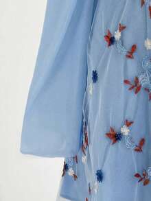 Dreamara Plus Size Women Floral Embroidery Tie-Up Long Sleeve Vacation Blue Mini Dress - Blue - View 7