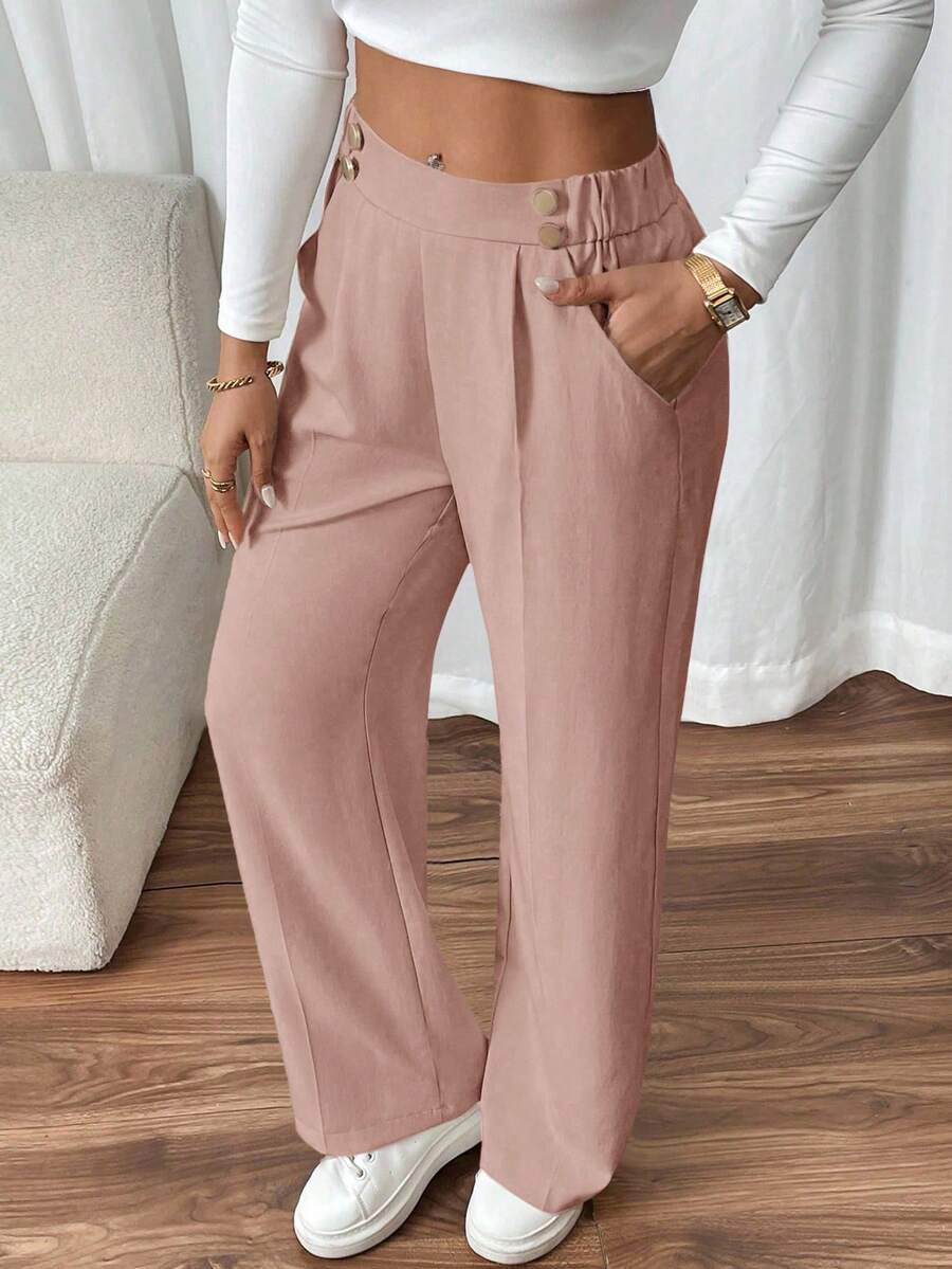 SHEIN Frenchy Women's Elegant Straight-Leg Pants With Double Buckle, Suitable For Commuting - Baby Pink - View 1