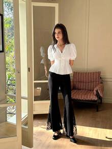 SHEIN MOD 女士复古撞色蕾丝喇叭裤，春季 - 黑色 - 查看 3