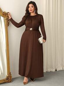 Firerie 大码女式优雅舒适休闲褶皱长袖连衣裙，饰有金属装饰，适合春、夏、秋、冬四季穿着，可作办公室/通勤装。 - 棕色 - 查看 5