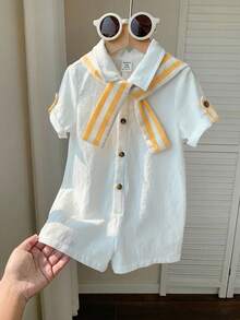 男女宝宝休闲学院风纯色短袖衬衫，条纹披肩领连体短裤，适合春夏穿着，室内外皆可。 - 彩色 - 查看 6