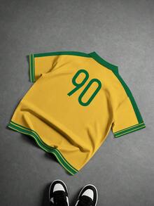 Aesthetic Post 復西隊 90# 黃綠對比色足球球衣，男士寬鬆版型短袖 Polo 衫，夏季休閒圖案 T-shirt，城市度假上衣，足球 - 彩色 - 查看 2