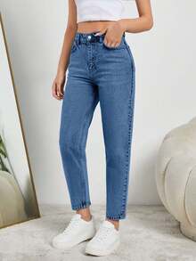 EURMUSE HIGH RISE MOM FIT LIGHT BLUE JEAN PETITE - Medium Wash - View 3