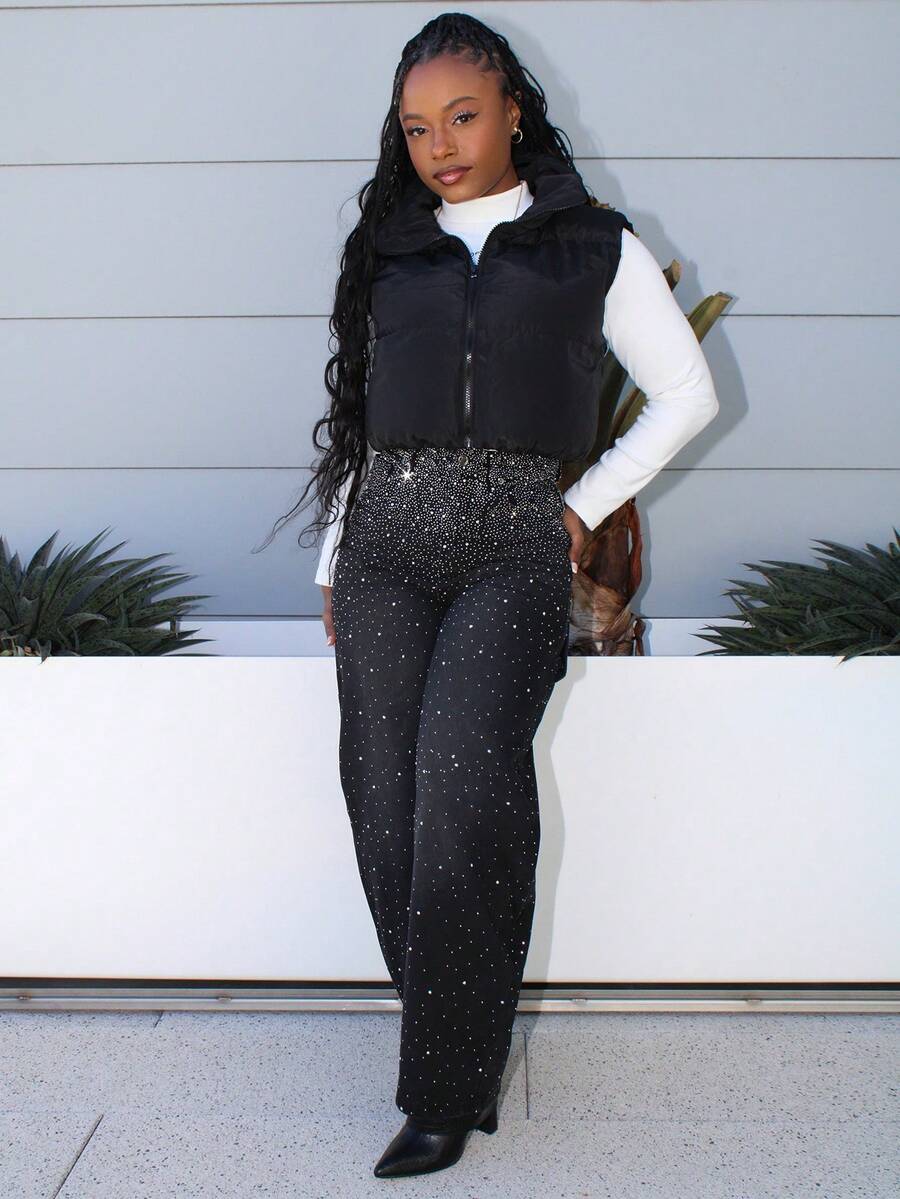 Steph T Women's Fashion Street Style Slant Pocket Loose Black Rhinestone Embellished Jeans - Black - View 1