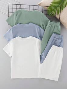 6pcs/Set Tween Boy Casual Embossed Pattern Round Neck T-Shirt And Shorts Set - Multicolor - View 2