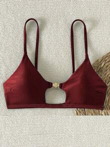 Swim SXY 女士沙滩音乐节绿色金属面料饰品时尚吊带性感比基尼上衣 - 酒紅色 - 查看 6