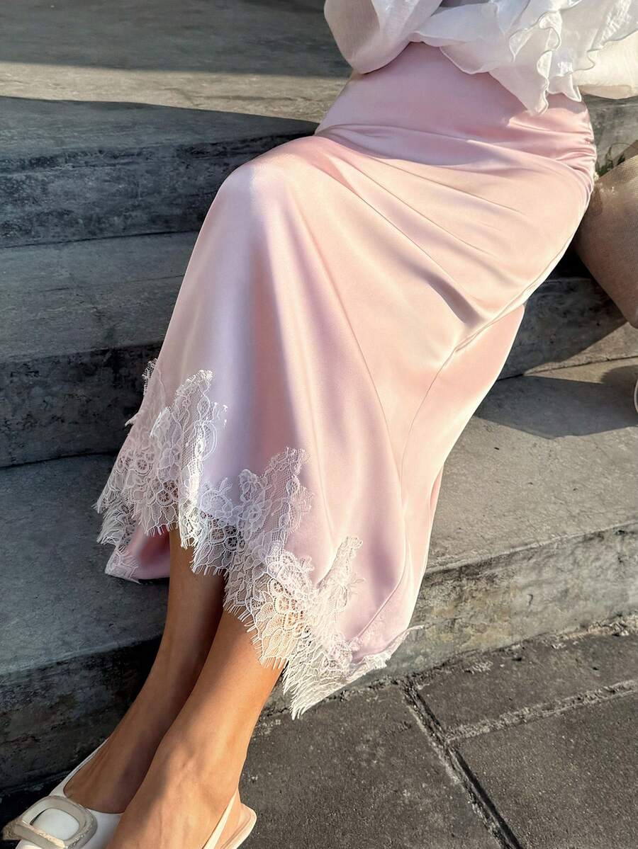 Franclia Falda de satén rosa con ribete de encaje en contraste para mujer - Rosa - Ver 1