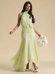 SHEIN BAE 薄荷绿露背系带低腰不对称下摆连衣裙，优雅女士夏季度假连衣裙，音乐节连衣裙，绿色连衣裙，优美长裙，沙滩度假连衣裙 - 綠色 - 查看 3