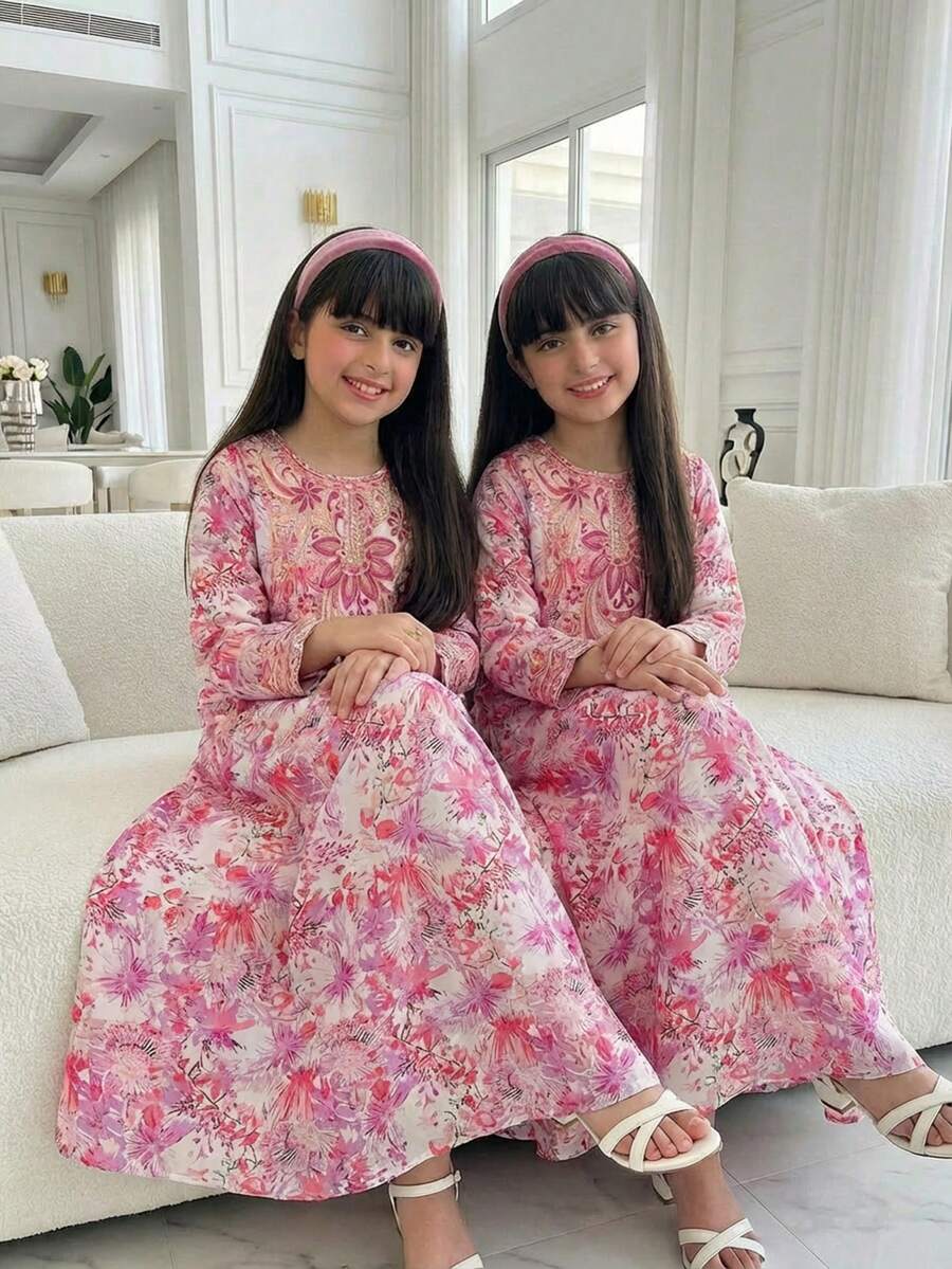 SHEIN 少女休闲圆领长袖连衣裙 - 彩色 - 查看 1