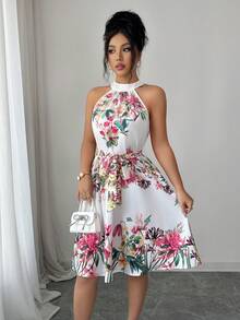 Elenzga Elegant Floral Print Vacation Dress - White - View 4