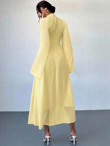 Firerie Vestido elegante para mujer de vacaciones y uso diario casual, manga larga asimétrica, cuello con lazo, cintura calada, corte ajustado y acampanado, amarillo pálido, verano, invitada de boda - amarillo ganso - Ver 2