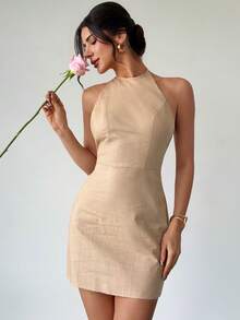 Firerie 女士杏色无袖露背系带迷你连衣裙，舒适棉混纺短款连衣裙，无袖系带露背吊带裙，休闲度假连衣裙，春夏服装，优雅，通勤，约会，工作装，返校，波西米亚风，度假，海滩，舒适 - 杏色 - 查看 8