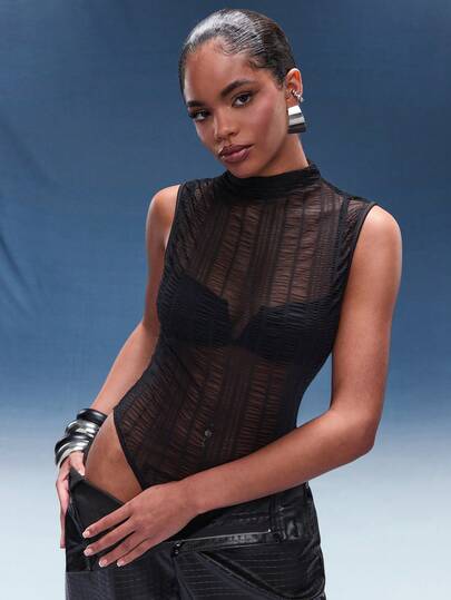 Normani Black Solid Color Sexy Minimalist Stand Collar Sleeveless Fitted Sheer Lace Bodysuit, Suitable For Graduation Party, Formal Occasions, Cocktail Party, Romantic Date, Autumn/Winter Base Layer, Party, Nightclub, Formal Gathering, Going Out At Night, Halloween, Christmas