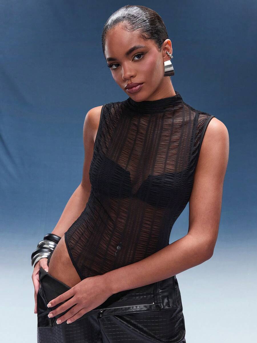 Normani 黑色纯色性感极简立领无袖修身透视蕾丝连体衣，适合毕业派对、正式场合、鸡尾酒会、浪漫约会、秋冬季打底、派对、夜店、正式聚会、夜间外出、万圣节、圣诞节等场合。 - 黑色 - 查看 1