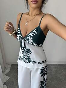 Rafferiza Women's Summer Beach Vacation Floral Print Fitted Camisole And Wide Leg Pants 2 Pieces Set - Green - View 7